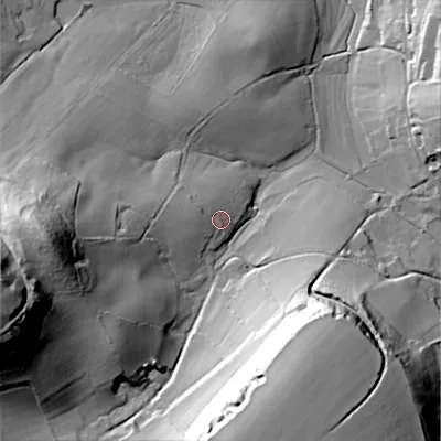 Shaded relief map of the ground around SP35QA, computed from Environment Agency LiDAR. The ground here sits at about 117 m above sea level and falls 70 m across the surrounding 800 m. Surface water reaching this point runs off ground lying to the west-north-west, 4.1 m higher.