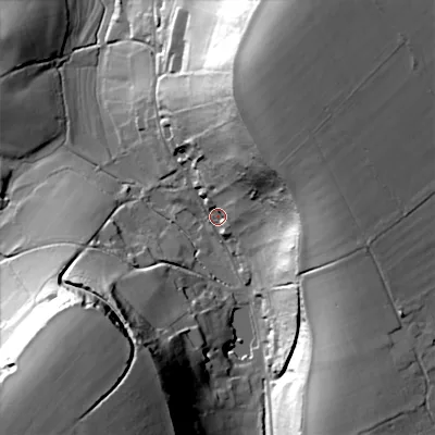 Shaded relief map of the ground around SP35QD, computed from Environment Agency LiDAR. The ground here sits at about 115 m above sea level and falls 61 m across the surrounding 800 m. Surface water reaching this point runs off ground lying to the north-north-east, 52.0 m higher.