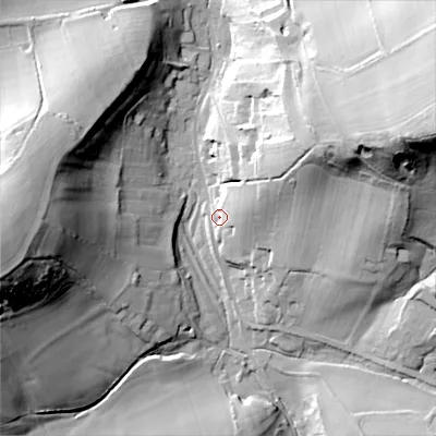 Shaded relief map of the ground around SP35QP, computed from Environment Agency LiDAR. The ground here sits at about 90 m above sea level and falls 68 m across the surrounding 800 m. Surface water reaching this point runs off ground lying to the east-north-east, 15.1 m higher.