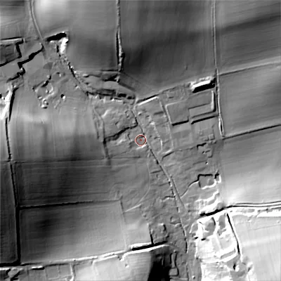 Shaded relief map of the ground around SP35QY, computed from Environment Agency LiDAR. The ground here sits at about 91 m above sea level and falls 43 m across the surrounding 800 m. Surface water reaching this point runs off ground lying to the west, 39.9 m higher.