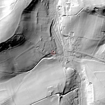 Shaded relief map of the ground around SP35RE, computed from Environment Agency LiDAR. The ground here sits at about 90 m above sea level and falls 66 m across the surrounding 800 m. Surface water reaching this point runs off ground lying to the west-north-west, 12.8 m higher.