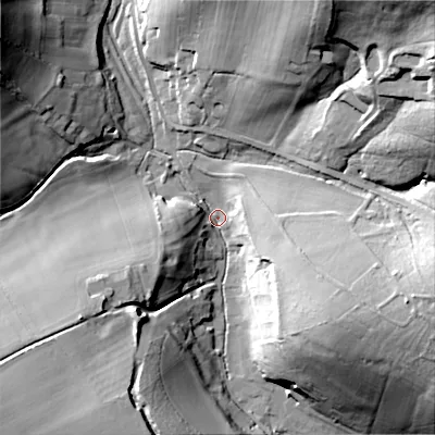 Shaded relief map of the ground around SP35RF, computed from Environment Agency LiDAR. The ground here sits at about 82 m above sea level and falls 44 m across the surrounding 800 m. Surface water reaching this point runs off ground lying to the north-east, 41.3 m higher.