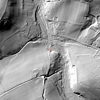 Shaded relief map of the ground around SP35RG, computed from Environment Agency LiDAR. The ground here sits at about 85 m above sea level and falls 54 m across the surrounding 800 m. Surface water reaching this point runs off ground lying to the south-south-west, 19.7 m higher.