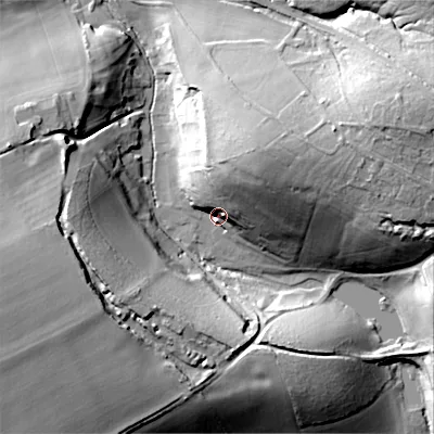 Shaded relief map of the ground around SP35RJ, computed from Environment Agency LiDAR. The ground here sits at about 84 m above sea level and falls 37 m across the surrounding 800 m. Surface water reaching this point runs off ground lying to the west-south-west, 29.9 m higher.