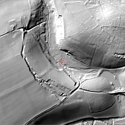 Shaded relief map of the ground around SP35RL, computed from Environment Agency LiDAR. The ground here sits at about 80 m above sea level and falls 38 m across the surrounding 800 m. Surface water reaching this point runs off ground lying to the west, 31.8 m higher.