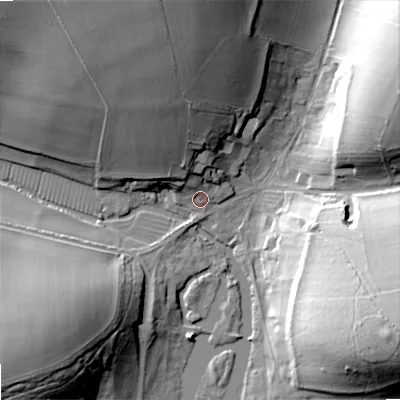 Shaded relief map of the ground around SP35SF, computed from Environment Agency LiDAR. The ground here sits at about 105 m above sea level and falls 39 m across the surrounding 800 m. Surface water reaching this point runs off ground lying to the south-west, 32.8 m higher.