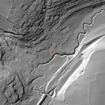 Shaded relief map of the ground around SP36AY, computed from Environment Agency LiDAR. The ground here sits at about 92 m above sea level and falls 45 m across the surrounding 800 m. Surface water reaching this point runs off ground lying to the north-west, 37.6 m higher.
