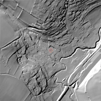 Shaded relief map of the ground around SP36BA, computed from Environment Agency LiDAR. The ground here sits at about 92 m above sea level and falls 44 m across the surrounding 800 m. Surface water reaching this point runs off ground lying to the north-north-west, 28.8 m higher.
