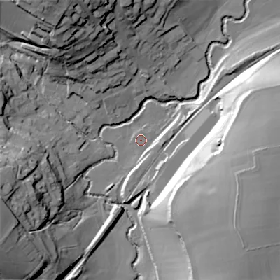 Shaded relief map of the ground around SP36BF, computed from Environment Agency LiDAR. The ground here sits at about 91 m above sea level and falls 38 m across the surrounding 800 m. The ground contributing surface water to this point lies to the south.