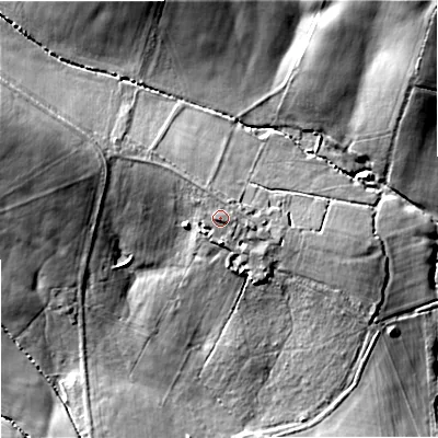 Shaded relief map of the ground around SP36BY, computed from Environment Agency LiDAR. The ground here sits at about 133 m above sea level and falls 31 m across the surrounding 800 m. Surface water reaching this point runs off ground lying to the north-north-west, 2.3 m higher.