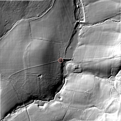 Shaded relief map of the ground around SP36DA, computed from Environment Agency LiDAR. The ground here sits at about 117 m above sea level and falls 41 m across the surrounding 800 m. Surface water reaching this point runs off ground lying to the west-north-west, 8.5 m higher.