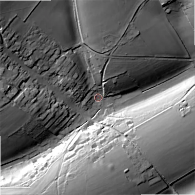 Shaded relief map of the ground around SP36DZ, computed from Environment Agency LiDAR. The ground here sits at about 118 m above sea level and falls 39 m across the surrounding 800 m. Surface water reaching this point runs off ground lying to the north-west, 35.5 m higher.