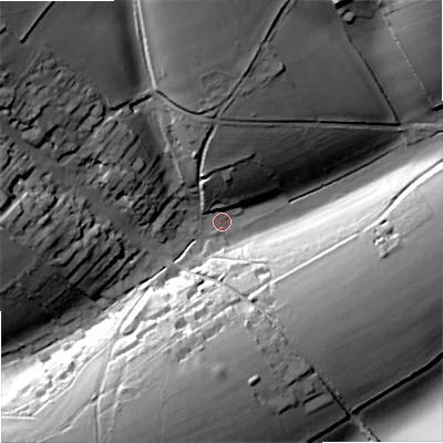 Shaded relief map of the ground around SP36EA, computed from Environment Agency LiDAR. The ground here sits at about 116 m above sea level and falls 35 m across the surrounding 800 m. Surface water reaching this point runs off ground lying to the north-west, 31.6 m higher.