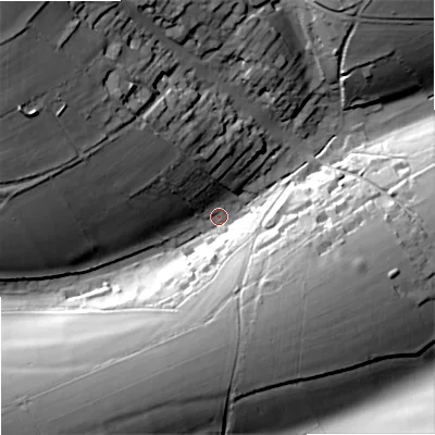 Shaded relief map of the ground around SP36EE, computed from Environment Agency LiDAR. The ground here sits at about 118 m above sea level and falls 40 m across the surrounding 800 m. Surface water reaching this point runs off ground lying to the north-west, 34.6 m higher.