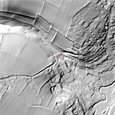 Shaded relief map of the ground around SP36JB, computed from Environment Agency LiDAR. The ground here sits at about 95 m above sea level and falls 49 m across the surrounding 800 m. Surface water reaching this point runs off ground lying to the north, 43.5 m higher.