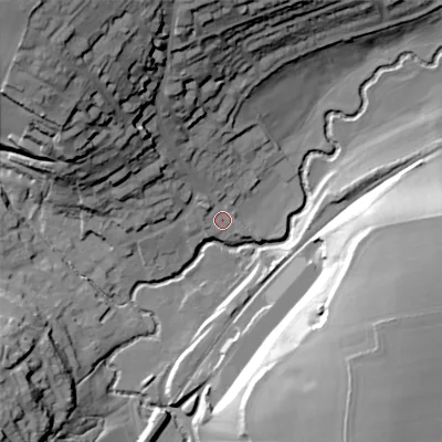 Shaded relief map of the ground around SP36JR, computed from Environment Agency LiDAR. The ground here sits at about 92 m above sea level and falls 47 m across the surrounding 800 m. Surface water reaching this point runs off ground lying to the north-west, 9.2 m higher.