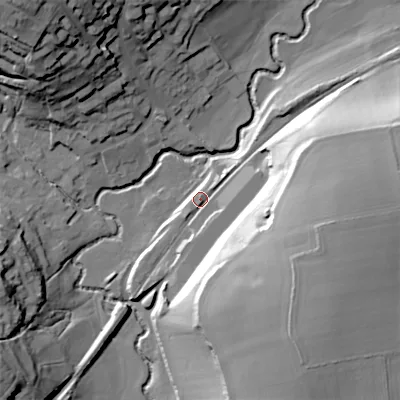 Shaded relief map of the ground around SP36JT, computed from Environment Agency LiDAR. The ground here sits at about 95 m above sea level and falls 40 m across the surrounding 800 m. Surface water reaching this point runs off ground lying to the south-south-east, 29.9 m higher.