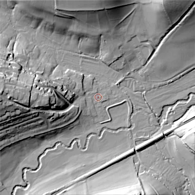 Shaded relief map of the ground around SP36LN, computed from Environment Agency LiDAR. The ground here sits at about 89 m above sea level and falls 35 m across the surrounding 800 m. Surface water reaching this point runs off ground lying to the west-south-west, 8.9 m higher.