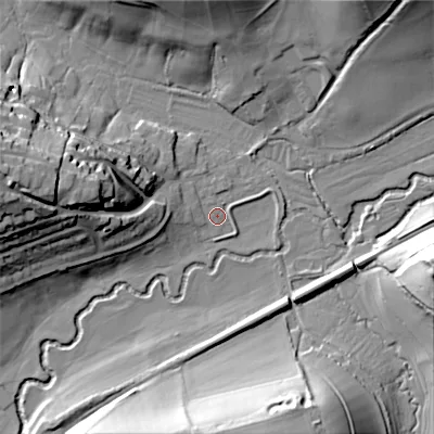 Shaded relief map of the ground around SP36LP, computed from Environment Agency LiDAR. The ground here sits at about 89 m above sea level and falls 35 m across the surrounding 800 m. Surface water reaching this point runs off ground lying to the east-north-east, 1.3 m higher.