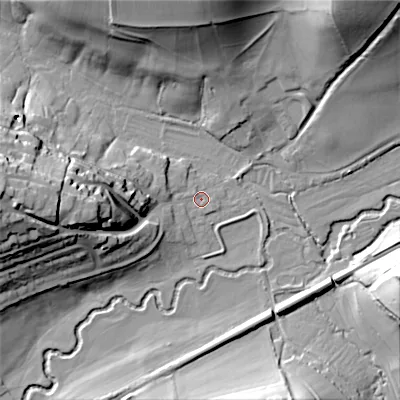 Shaded relief map of the ground around SP36LR, computed from Environment Agency LiDAR. The ground here sits at about 89 m above sea level and falls 35 m across the surrounding 800 m. Surface water reaching this point runs off ground lying to the west-south-west, 8.9 m higher.