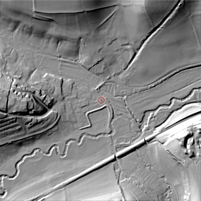 Shaded relief map of the ground around SP36LS, computed from Environment Agency LiDAR. The ground here sits at about 88 m above sea level and falls 36 m across the surrounding 800 m. Surface water reaching this point runs off ground lying to the north-north-west, 30.0 m higher.