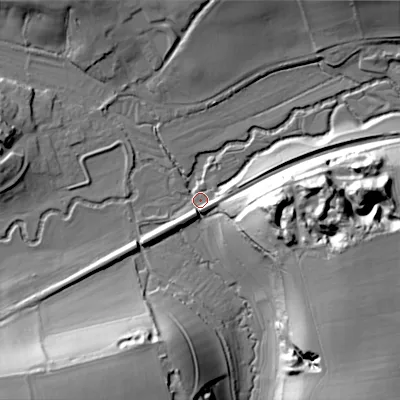 Shaded relief map of the ground around SP36LT, computed from Environment Agency LiDAR. The ground here sits at about 88 m above sea level and falls 36 m across the surrounding 800 m. Surface water reaching this point runs off ground lying to the east, 34.7 m higher.