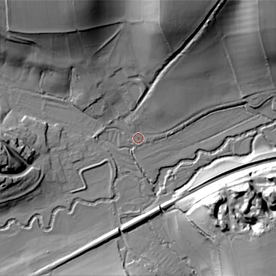 Shaded relief map of the ground around SP36LU, computed from Environment Agency LiDAR. The ground here sits at about 88 m above sea level and falls 37 m across the surrounding 800 m. Surface water reaching this point runs off ground lying to the north-north-east, 18.9 m higher.