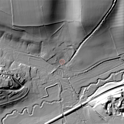 Shaded relief map of the ground around SP36LW, computed from Environment Agency LiDAR. The ground here sits at about 90 m above sea level and falls 41 m across the surrounding 800 m. Surface water reaching this point runs off ground lying to the north-north-east, 37.7 m higher.