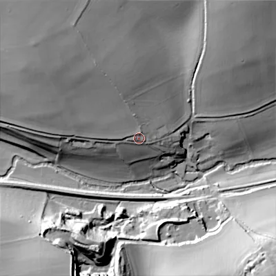 Shaded relief map of the ground around SP36LX, computed from Environment Agency LiDAR. The ground here sits at about 102 m above sea level and falls 46 m across the surrounding 800 m. Surface water reaching this point runs off ground lying to the north-west, 26.4 m higher.