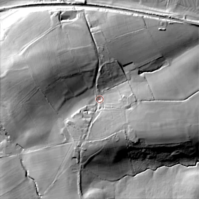 Shaded relief map of the ground around SP36NB, computed from Environment Agency LiDAR. The ground here sits at about 101 m above sea level and falls 39 m across the surrounding 800 m. Surface water reaching this point runs off ground lying to the west-north-west, 19.4 m higher.