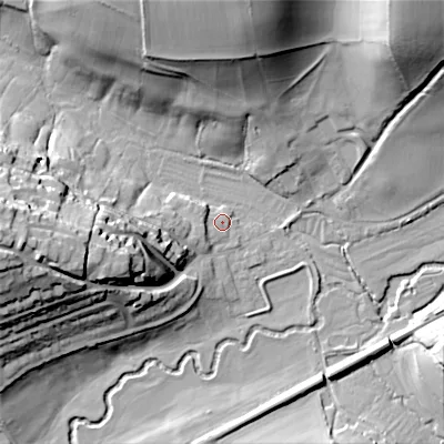 Shaded relief map of the ground around SP36NE, computed from Environment Agency LiDAR. The ground here sits at about 90 m above sea level and falls 38 m across the surrounding 800 m. Surface water reaching this point runs off ground lying to the west, 33.7 m higher.