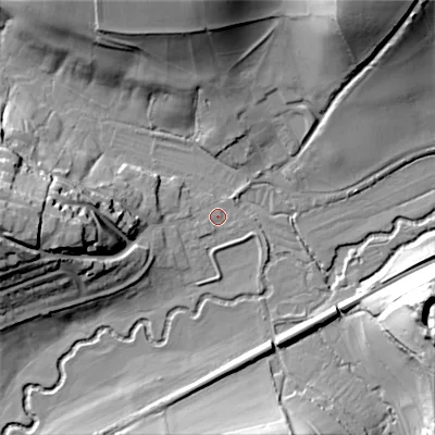 Shaded relief map of the ground around SP36NF, computed from Environment Agency LiDAR. The ground here sits at about 89 m above sea level and falls 36 m across the surrounding 800 m. Surface water reaching this point runs off ground lying to the north, 30.9 m higher.