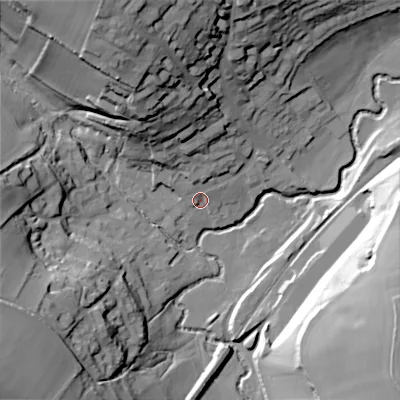 Shaded relief map of the ground around SP36NH, computed from Environment Agency LiDAR. The ground here sits at about 93 m above sea level and falls 44 m across the surrounding 800 m. Surface water reaching this point runs off ground lying to the north-north-west, 21.5 m higher.