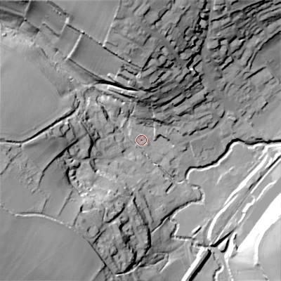 Shaded relief map of the ground around SP36NJ, computed from Environment Agency LiDAR. The ground here sits at about 92 m above sea level and falls 44 m across the surrounding 800 m. Surface water reaching this point runs off ground lying to the north, 40.6 m higher.