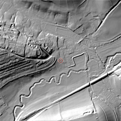 Shaded relief map of the ground around SP36NZ, computed from Environment Agency LiDAR. The ground here sits at about 90 m above sea level and falls 36 m across the surrounding 800 m. Surface water reaching this point runs off ground lying to the west-north-west, 2.0 m higher.