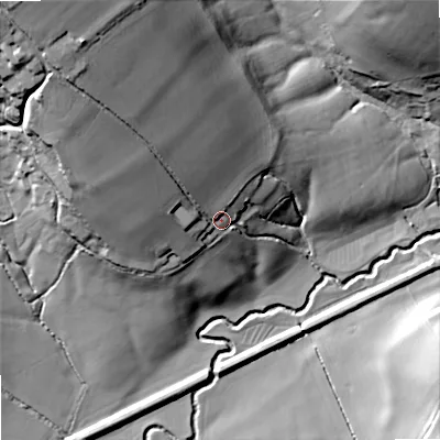 Shaded relief map of the ground around SP36PJ, computed from Environment Agency LiDAR. The ground here sits at about 109 m above sea level and falls 50 m across the surrounding 800 m. Surface water reaching this point runs off ground lying to the north-west, 34.7 m higher.