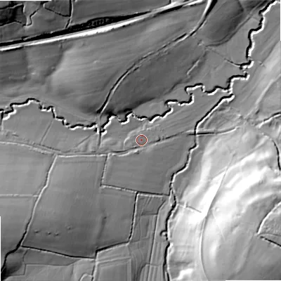 Shaded relief map of the ground around SP36PL, computed from Environment Agency LiDAR. The ground here sits at about 98 m above sea level and falls 35 m across the surrounding 800 m. Surface water reaching this point runs off ground lying to the south-west, 10.5 m higher.