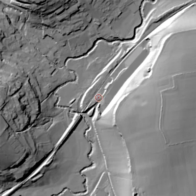 Shaded relief map of the ground around SP36RA, computed from Environment Agency LiDAR. The ground here sits at about 96 m above sea level and falls 38 m across the surrounding 800 m. Surface water reaching this point runs off ground lying to the east-south-east, 26.1 m higher.