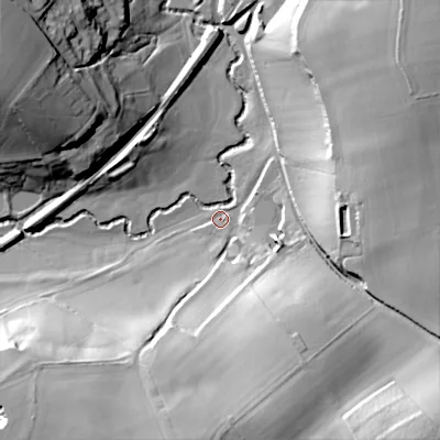 Shaded relief map of the ground around SP36RB, computed from Environment Agency LiDAR. The ground here sits at about 92 m above sea level and falls 42 m across the surrounding 800 m. Surface water reaching this point runs off ground lying to the south-east, 40.8 m higher.
