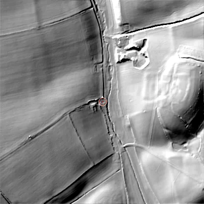 Shaded relief map of the ground around SP36RZ, computed from Environment Agency LiDAR. The ground here sits at about 95 m above sea level and falls 39 m across the surrounding 800 m. Surface water reaching this point runs off ground lying to the west-south-west, 28.2 m higher.