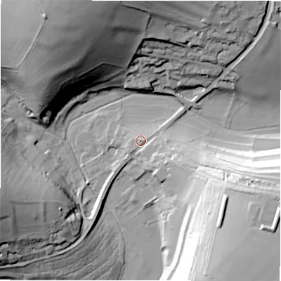 Shaded relief map of the ground around SP40AB, computed from Environment Agency LiDAR. The ground here sits at about 75 m above sea level and falls 45 m across the surrounding 800 m. Surface water reaching this point runs off ground lying to the south-east, 5.7 m higher.