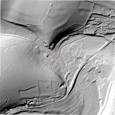 Shaded relief map of the ground around SP40AD, computed from Environment Agency LiDAR. The ground here sits at about 71 m above sea level and falls 45 m across the surrounding 800 m. Surface water reaching this point runs off ground lying to the west-south-west, 40.9 m higher.