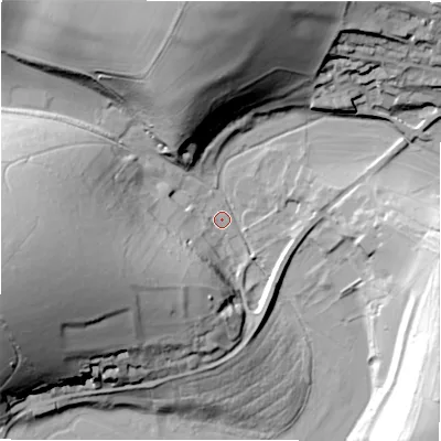 Shaded relief map of the ground around SP40AJ, computed from Environment Agency LiDAR. The ground here sits at about 71 m above sea level and falls 43 m across the surrounding 800 m. Surface water reaching this point runs off ground lying to the south-west, 28.3 m higher.