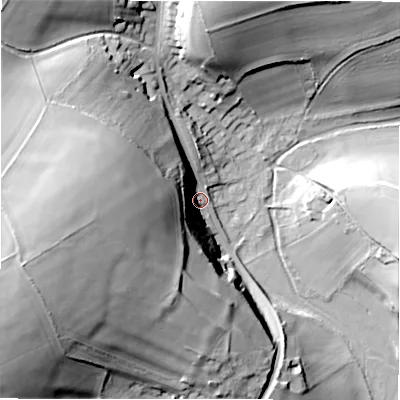 Shaded relief map of the ground around SP40BN, computed from Environment Agency LiDAR. The ground here sits at about 77 m above sea level and falls 45 m across the surrounding 800 m. Surface water reaching this point runs off ground lying to the west, 40.2 m higher.