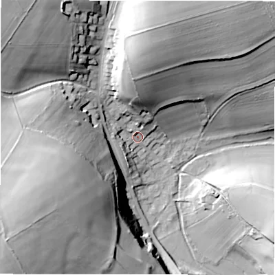 Shaded relief map of the ground around SP40BY, computed from Environment Agency LiDAR. The ground here sits at about 78 m above sea level and falls 45 m across the surrounding 800 m. Surface water reaching this point runs off ground lying to the south-west, 41.0 m higher.