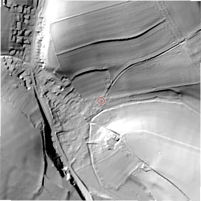 Shaded relief map of the ground around SP40BZ, computed from Environment Agency LiDAR. The ground here sits at about 75 m above sea level and falls 41 m across the surrounding 800 m. Surface water reaching this point runs off ground lying to the north-north-west, 29.0 m higher.