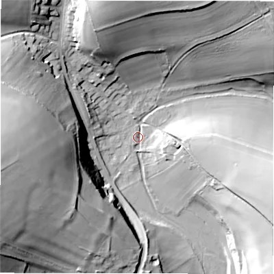 Shaded relief map of the ground around SP40DA, computed from Environment Agency LiDAR. The ground here sits at about 74 m above sea level and falls 43 m across the surrounding 800 m. Surface water reaching this point runs off ground lying to the west, 41.7 m higher.