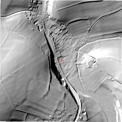 Shaded relief map of the ground around SP40DB, computed from Environment Agency LiDAR. The ground here sits at about 75 m above sea level and falls 45 m across the surrounding 800 m. Surface water reaching this point runs off ground lying to the north-west, 23.3 m higher.