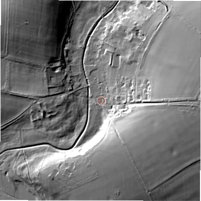 Shaded relief map of the ground around SP40DL, computed from Environment Agency LiDAR. The ground here sits at about 88 m above sea level and falls 23 m across the surrounding 800 m. Surface water reaching this point runs off ground lying to the east, 19.0 m higher.
