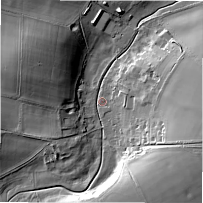Shaded relief map of the ground around SP40DN, computed from Environment Agency LiDAR. The ground here sits at about 88 m above sea level and falls 22 m across the surrounding 800 m. Surface water reaching this point runs off ground lying to the north-west, 20.2 m higher.
